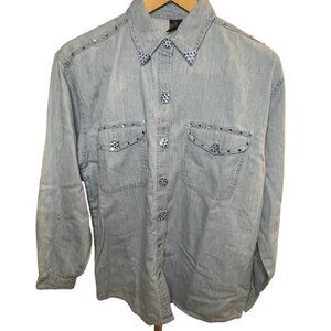 Vintage 90s Denim Blue Clear Rhinestone Detail Buttoned Long Sleeve Shirt Sz S
